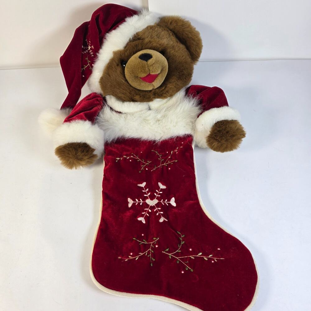 Vintage Dan Dee Teddy Bear Christmas Stocking 24” Plush Red Embroidered Decor